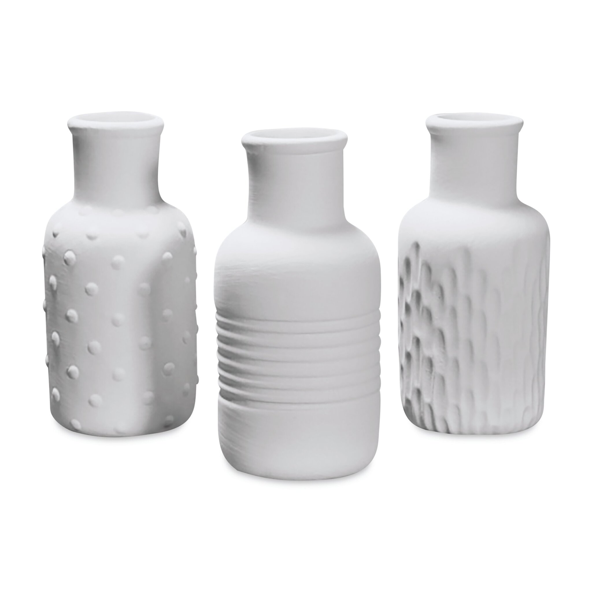 A head on photo of three white colored bisqueware glaze test vessels.